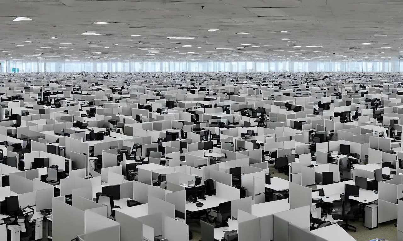 Prompt: interior of the biggest office in the world, thousands of cubicles, copy machines, desk workstations, wide angle lens