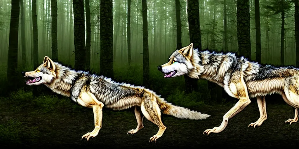Image similar to chimera made of a wolf and a crocodile, awarded on pixiv, trending on deviantart, realistic birch wood swamp, professional photoshop utilizing real life photos