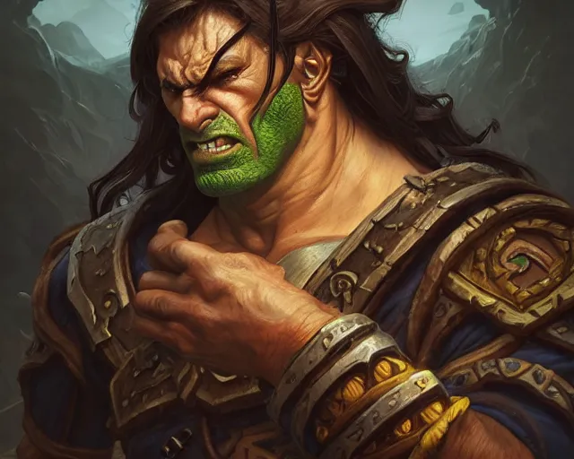 Image similar to photography of angry orc, deep focus, d & d, fantasy, intricate, elegant, highly detailed, digital painting, artstation, concept art, matte, sharp focus, illustration, hearthstone, art by artgerm and greg rutkowski and alphonse mucha
