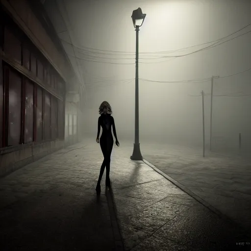 Image similar to supermodel in silent hill, heaven's night nightclub, 8 k, realistic, fashion photography