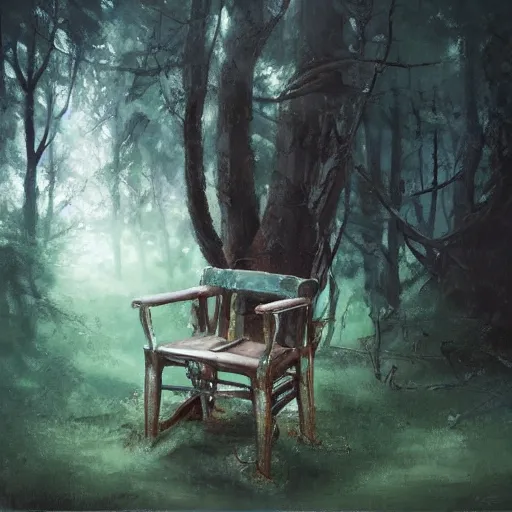 Prompt: whimsical | chair in the forest wenjun lin