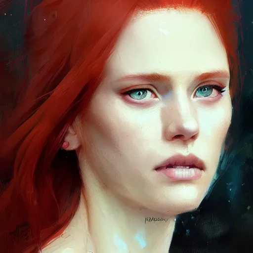 Prompt: Portrait of a beautiful red-haired woman by greg rutkowski