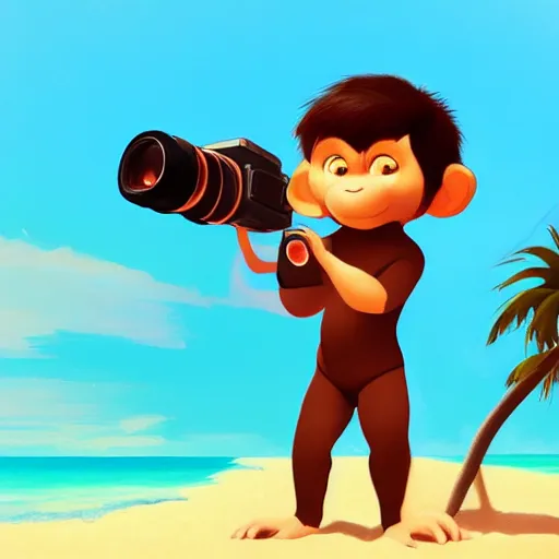 Prompt: monkey holding a camera in the Beach, mattepainting concept Blizzard pixar maya engine on stylized background splash comics global illumination lighting artstation lois van baarle, ilya kuvshinov, rossdraws