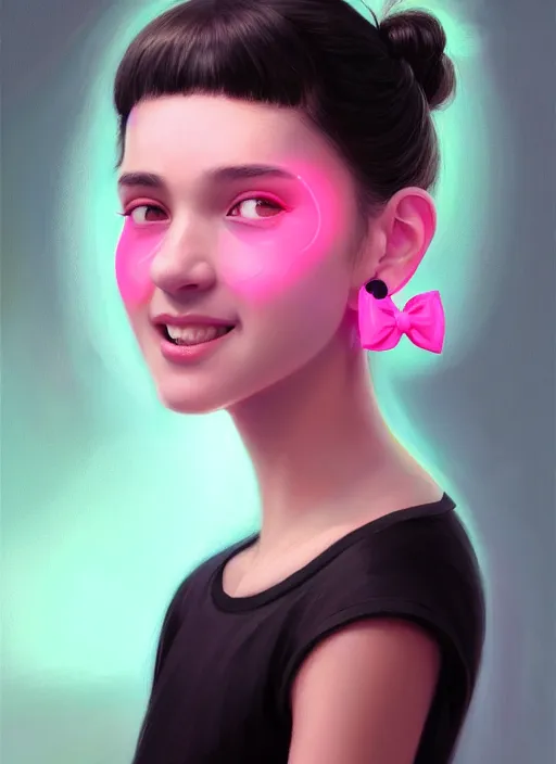 Image similar to portrait of teenage girl, narrow face, black hair, bangs, half updo hairstyle, skinny, smile, unattractive, defined jawline, big chin, wearing pink hair bow, earrings, intricate, elegant, glowing lights, highly detailed, digital painting, artstation, sharp focus, illustration, art by wlop, mars ravelo and greg rutkowski