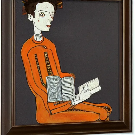 Image similar to a robot reading a book by egon schiele