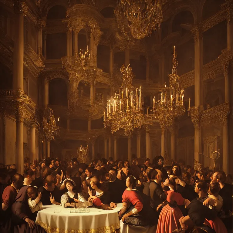 Prompt: Party in old Madrid, dreamlike atmosphere, symmetrical baroque painting, perfect composition, beautiful and detailed intricate high detailed octane that is trending on Artstation, 8K fine art photography, photorealistic, soft natural volumetric cinematic perfect light, chiaroscuro, award- winning photography, masterpiece, Raphael, Caravaggio, Greg Rutkowski, Beeple