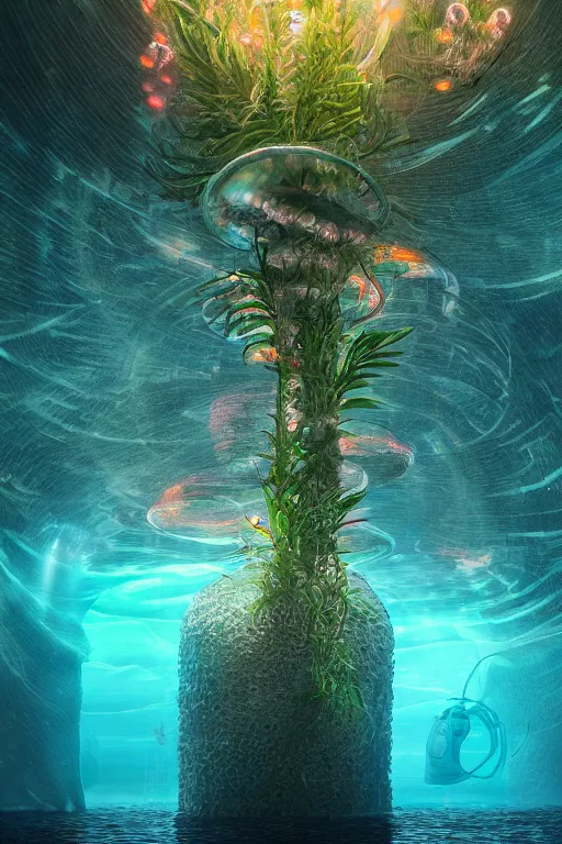 Image similar to hyperrealistic precisionist cinematic underwater dystopian byzantine city ruins with giant bioluminescent multicolor mutant plants and cyborg jellyfish, digital art masterpiece, aykut aydogdu eric zener, very dramatic volumetric light, long shot, ground angle uhd 8 k, deep focus