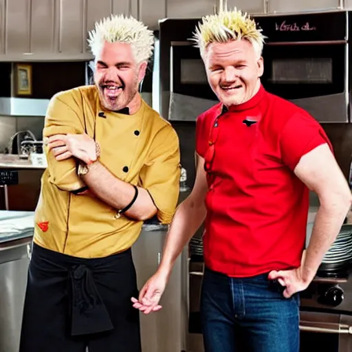 Image similar to vegetarian guy fieri and gay gordon ramsay in a kitchen