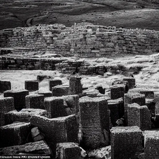 Image similar to the ruins of a giant village made out of stone bricks and overgrown with red moss, in a landscape with hills and swirling trees, and giant black crimson mountains on the horizon, gloomy