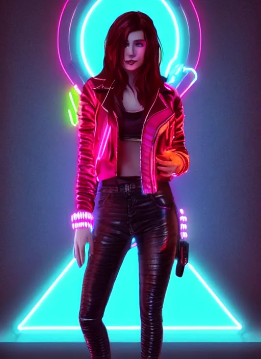 Image similar to pretty young woman with shoulder length shiny shimmering dark red hair and wearing a stuffed leather jacket with the glow of neon lights illuminating her, path traced, highly detailed, high quality, digital painting, by cd projekt red, cyberpunk,