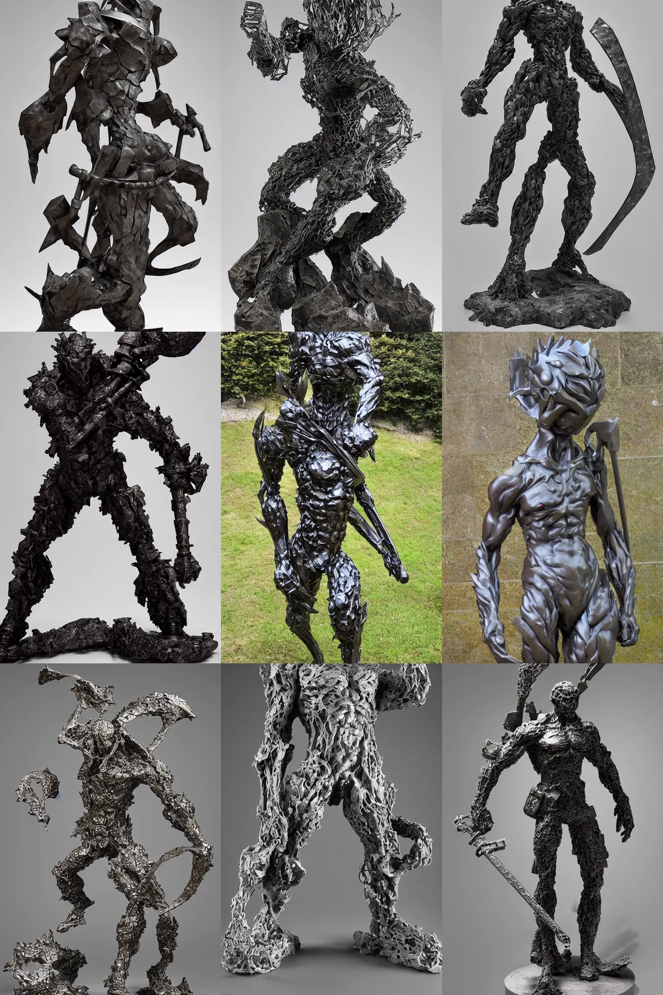 Prompt: Award-winning sculpture by Yoshitaka Amano ((((((((and Eduardo Chillida)))))))). The sculpture is a portrait of a RPG fantasy warrior. Made of steel, hyper-detailed. Studio lightning, perfect composition