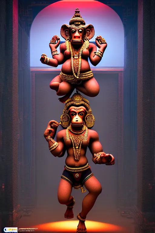 Image similar to high quality 3 d render post - rococo cyberpunk hanuman! head shri ram centre, madhubani, highly detailed, morning in sci - fi new delhi, cinematic smooth unreal engine, lee madgwick & liam wong, dramatic light, long shot, low angle, uhd 8 k, sharp focus