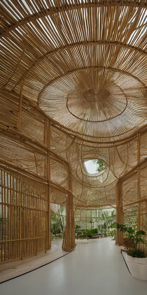 Prompt: inside small pavilion made of bifurcated bamboo. kudless, complex curved intersecting vaulted structure. bundled columns branching recursively into roof. futuristic hydroponic garden, white concrete floor. architectural photography. 4 k, 8 k. volumetric lighting.