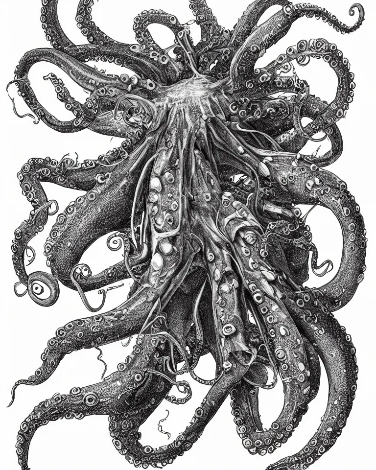 Image similar to a detailed scientific anatomical illustration of an alien cybernetic octopus