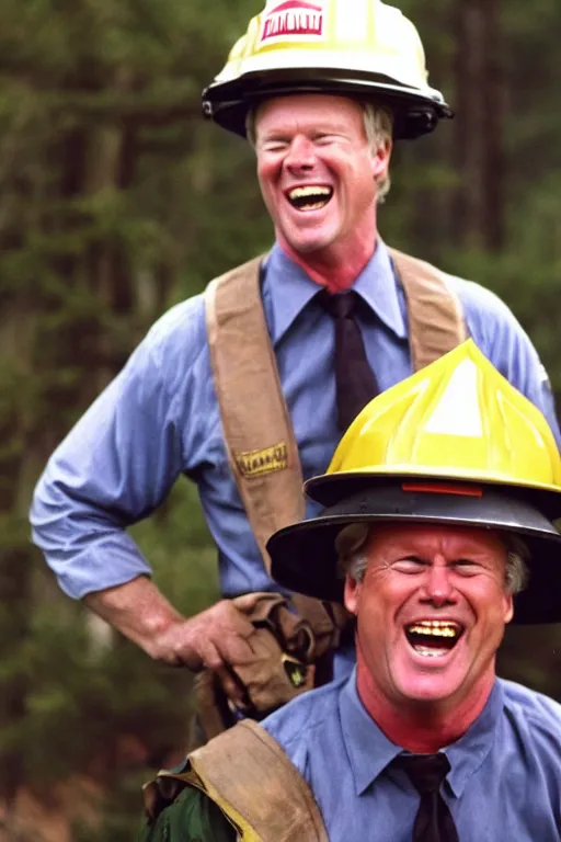 Image similar to kevin tighe wearing a fireman helmet, in a fire laughing