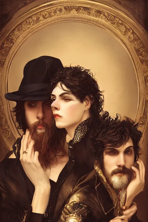 Image similar to a portrait of handsome young male rock star Satan and his elegant beautiful witch wife, bored, illustration, dramatic lighting, soft details, painting oil on canvas, art nouveau, octane render, HDR, 4k, 8k, HD, by Edmund Blair Leighton, Brom, Charlie Bowater, trending on artstation, faces by Tom Bagshaw, Sargent