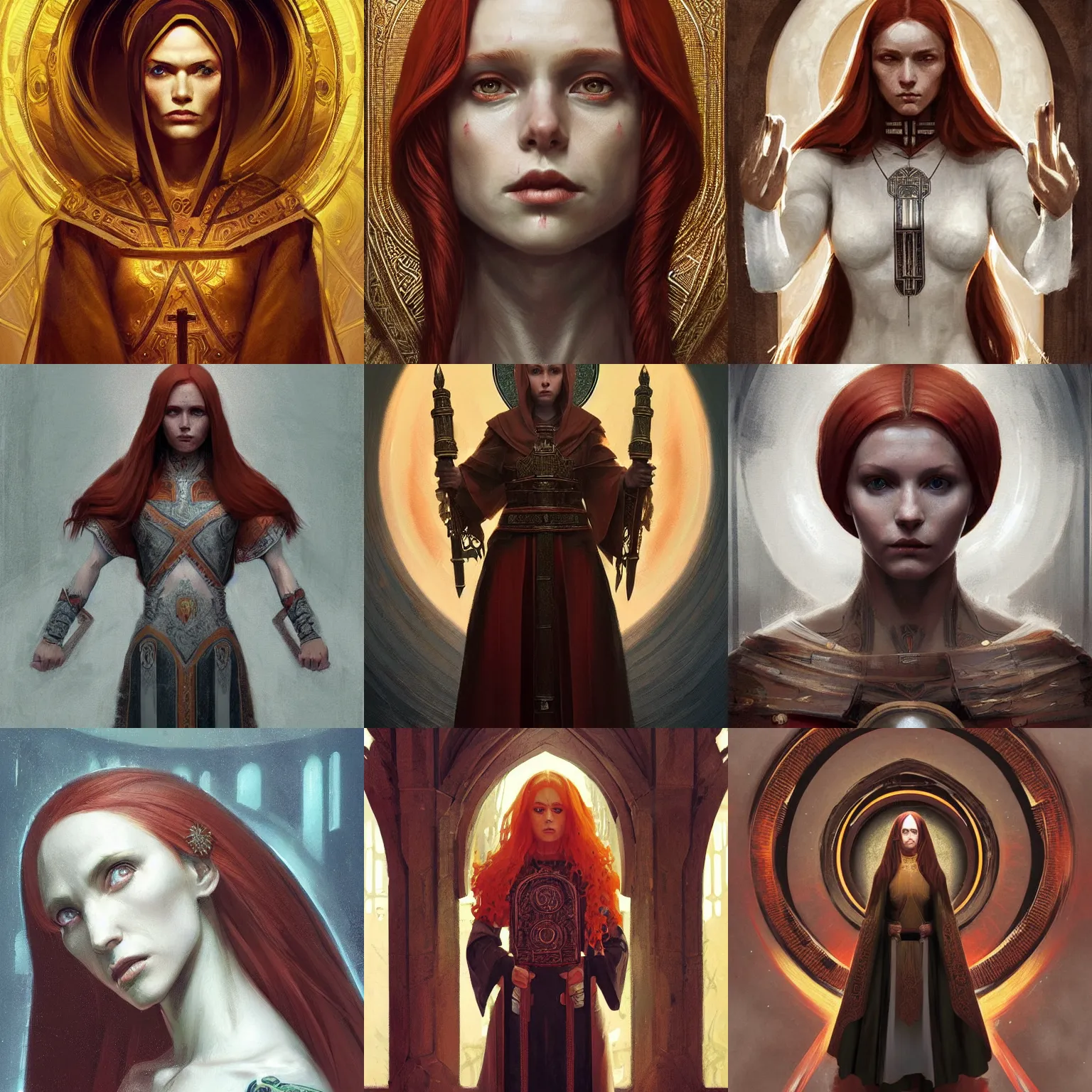 Prompt: Symmetrical breathtaking detailed concept art painting of a cleric of symmetry. Redhead woman, orthodox saint, by Greg Rutkowski