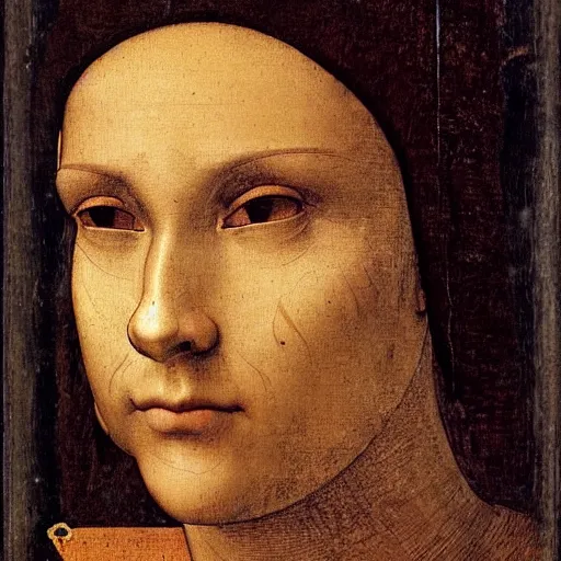 Image similar to Portrait of a medieval nobleman, tan skin and brown hair, clean shaven, big nosed with many scars. by leonardo da vinci