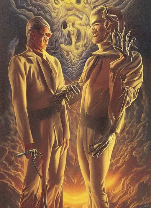 Image similar to twin peaks poster art, david bowie fighting his doppelganger gemini good and evil fantasy by, wayne barlowe, boris vallejo, aaron horkey, old retro pulp, by michael whelan, rossetti bouguereau, artgerm, nostalgic, old fashioned