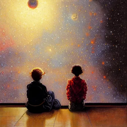 Prompt: a 1 2 year old boy and 1 0 year old girl looking at a wall and viewing the universe full of galaxies, part by norman rockwell, part by greg rutkowski, part by mattias adolfsson, high angle, ( ( ( ( volumetric lighting ) ) ) ), oil on canvas - 7 6 8