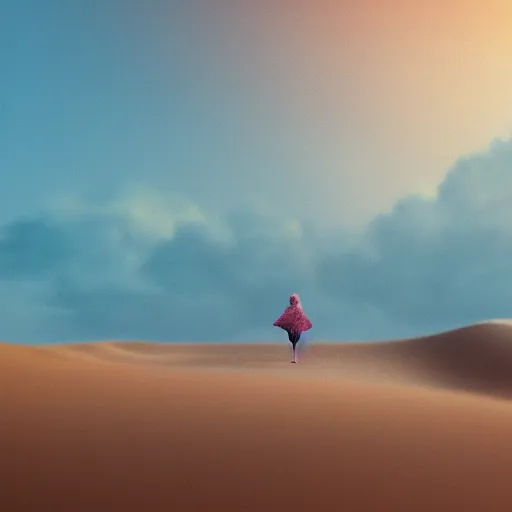 Image similar to closeup, giant dahlia flower as a head, a girl walking between dunes, surreal photography, sunrise, blue sky, dramatic light, impressionist painting, digital painting, artstation, simon stalenhag