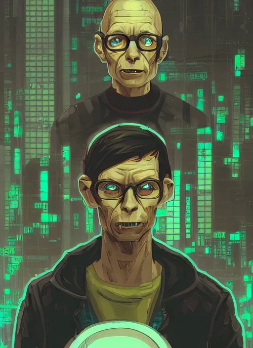 Image similar to portrait of gollum as hacker, netrunner cyberpunk, artstation, art by petros afshar, tom whalen, laurie greasley and greg rutkowski and ilya kuvshinov