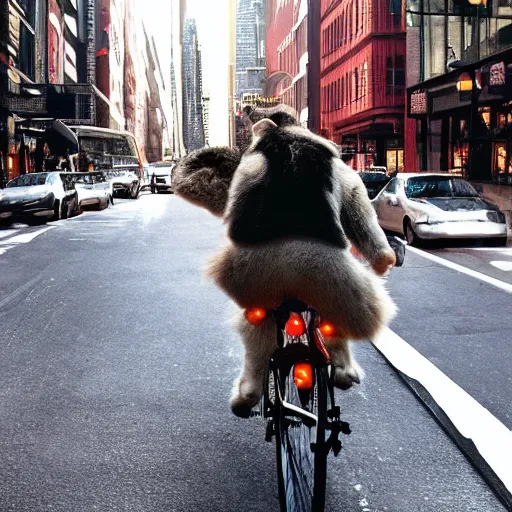 Prompt: a fuzzy cat riding a bicycle down the streets of new york city, photorealistic