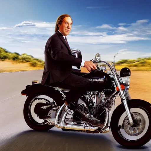 Image similar to A photo of Saul Goodman riding a motorcycle, highly detailed, 4k