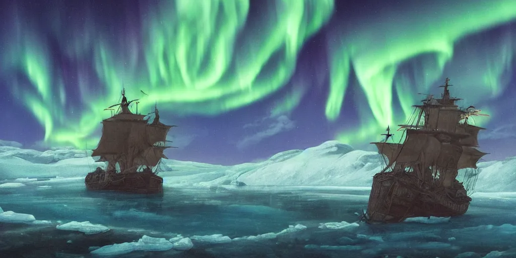 Image similar to digital painting of a 18th century ship stuck in ice on a cold sea at night. Sharp focus. Northern lights. Cinematic composition. Highly detailed. Low light, high contrast. Starry sky.