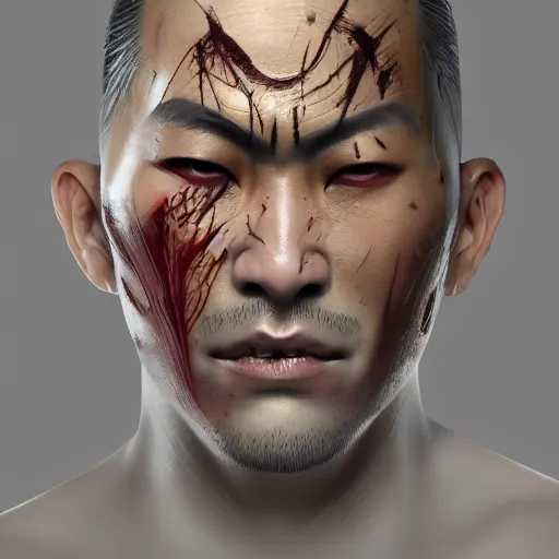 Prompt: centered detailed portrait and body of a scary samurai, beast, realistic character concept, identical eyes, gazing eyes, elegant pose, fantasy, illustration, slender symmetrical face and body, artstation, cinematic lighting, hyperdetailed, cgsociety, 8 k, tom richmond, single face, octane render, golden ratio, vfx, postprocessing, alluring