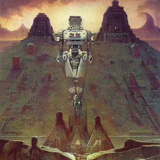 Prompt: mayan mecha in mesa landscape by j. c. leyendecker, bosch, and beksinski