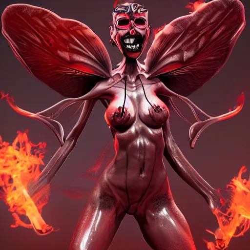 Image similar to hot insect woman, slender and muscular build, large mosquito wings, evil smile and glowing eyes, burning world, hyperdetailed, hyperrealistic, digital art, artstation, concept art, 4 k, 8 k
