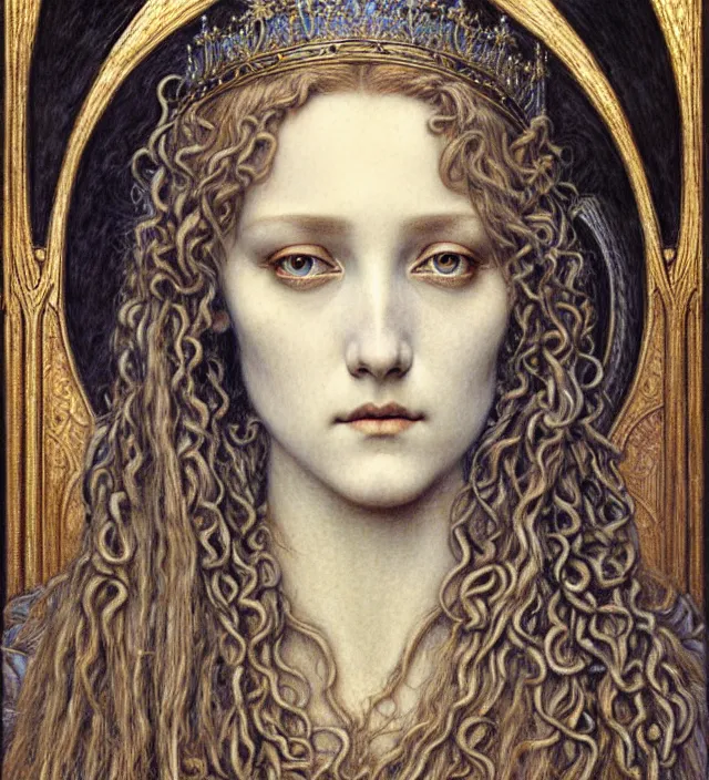 Image similar to detailed realistic beautiful young medieval queen face portrait by jean delville, gustave dore and marco mazzoni, art nouveau, symbolist, visionary, gothic, pre - raphaelite. horizontal symmetry