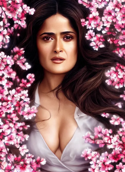 Image similar to photo of a gorgeous salma hayek in the style of stefan kostic, realistic, body shot, sharp focus, 8 k high definition, insanely detailed, intricate, elegant, art by stanley lau and artgerm, cherry blossoms