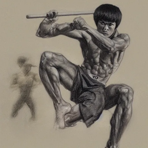 Image similar to Drawing sketch of Bruce Lee with nunchucks, by Ilya Repin, Michelangelo, chalk, charcoal, russian academic, musculature