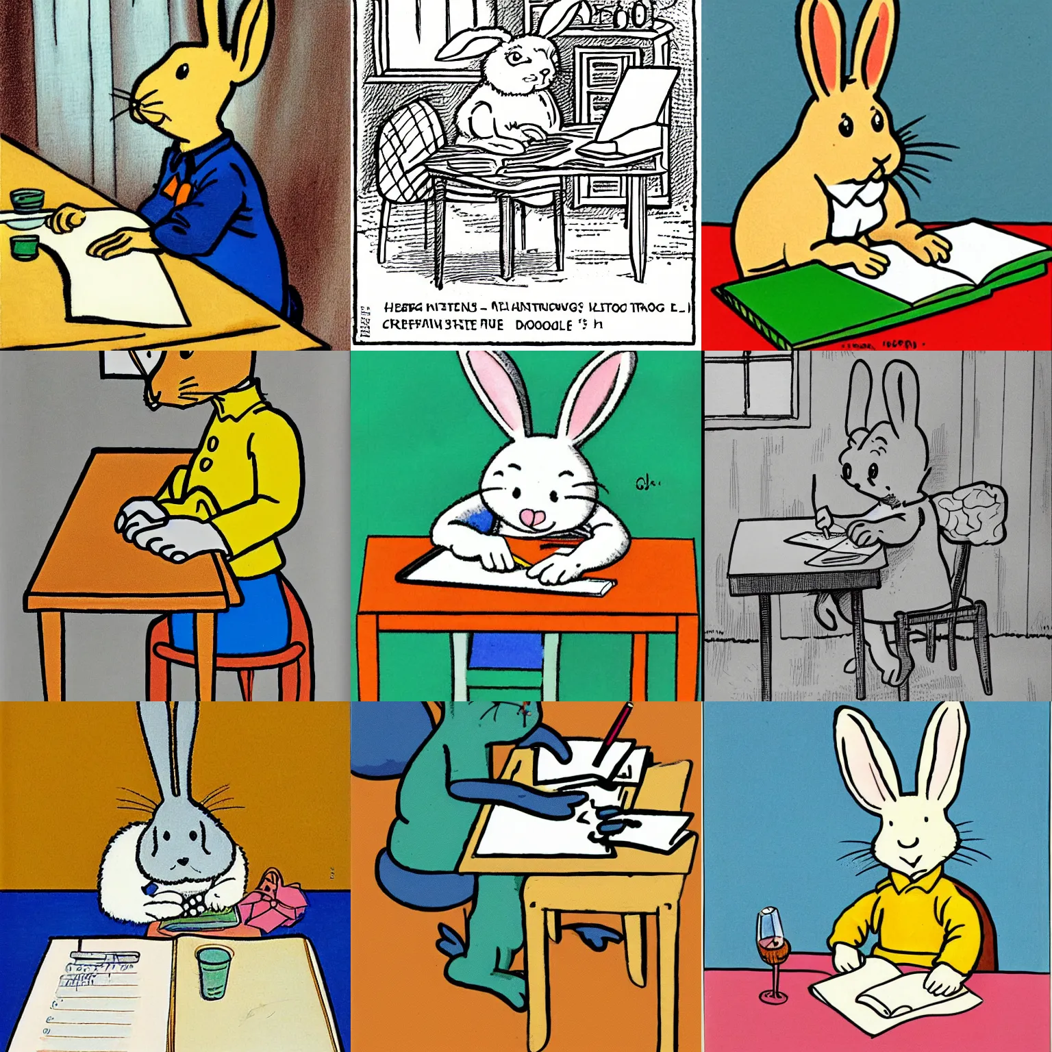 Prompt: a cute cartoon rabbit sitting at a table and writing on a notebook, Children's Book Illustration, Hergé