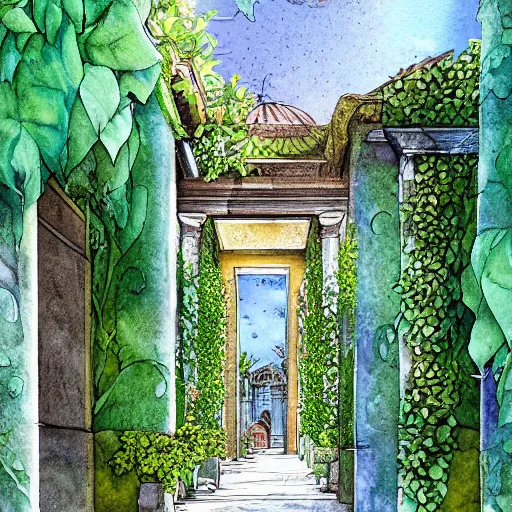 Image similar to garden on paper floating puffy vines herbarium watercolors iridescent 8 k wide angle realistic artstation italian neoliberty architecture pompeii