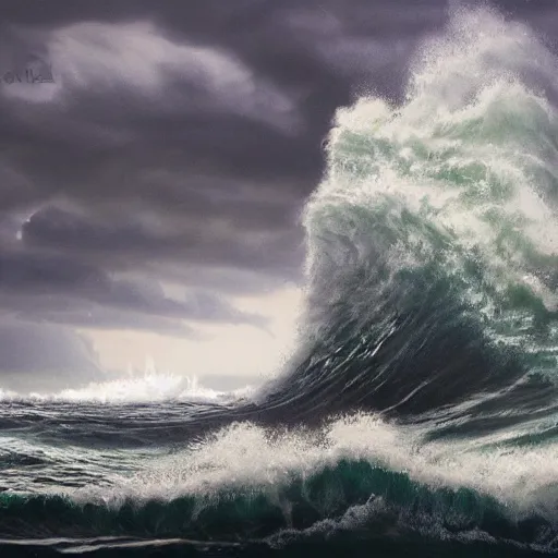 Prompt: a dark stormy sea in an aquarium, large waves, miniature, fantasy concept art, digital painting, oil painting, hyperrealistic, highly detailed