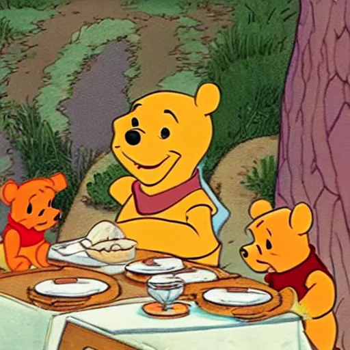 Image similar to Winnie the Pooh invites Tiger and Piglet to dine in a very fancy restaurant.