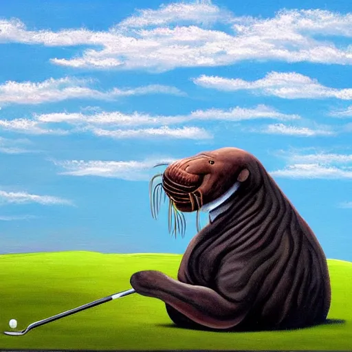 Prompt: a painting of a walrus lying on a golf course,