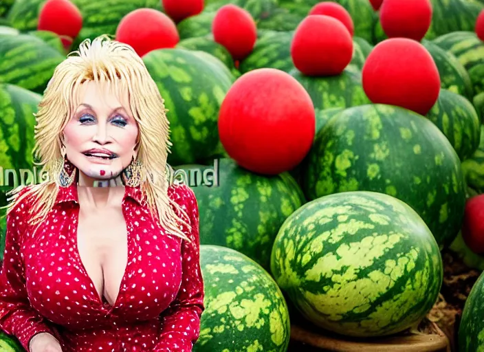 Image similar to studio portrait photo still of 2 0 year old dolly parton!!!!!!!! at age 2 0 2 0 years old 2 0 years of age!!!!!!! surrounded by watermelons, 8 k, 8 5 mm f 1. 8, studio lighting, rim light, right side key light