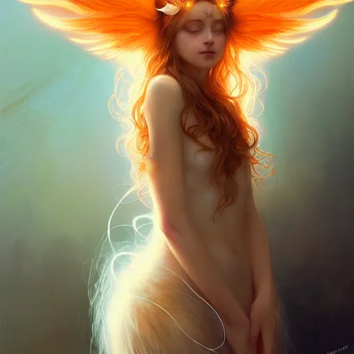 Image similar to Portrait of a girl angel with pale orange colored fuzzy frizzy hair, cat ears on her head, glowing halo, wings on her back, fantasy, intricate, elegant, highly detailed, digital painting, artstation, concept art, smooth, sharp focus, illustration, art by Krenz Cushart and Artem Demura and alphonse mucha