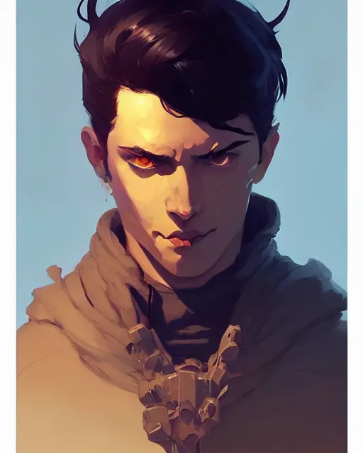 Image similar to portrait of raven male lord with dark hair and golden eyes, by atey ghailan, by greg rutkowski, by greg tocchini, by james gilleard, by joe fenton, by kaethe butcher, dynamic lighting, gradient light blue, brown, blonde cream and white color scheme, grunge aesthetic