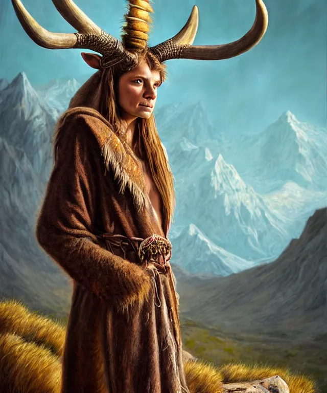 Image similar to a detailed horned antelopewoman stands among the mountains. wearing a ripped mantle, robe. perfect faces, extremely high details, realistic, fantasy art, solo, masterpiece, soft colors and lighting, art by daniel e. greene, johannen voss, zoey frank, vincent desiderio