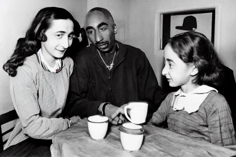 Image similar to anne frank and tupac shakur drinking coffee