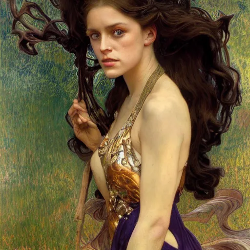 Image similar to a portrait of a beautiful fierce female nymph, detailed, centered, digital painting, artstation, concept art, donato giancola, Dante Gabriel Rossetti, alphonse mucha, Joseph Christian Leyendecker, WLOP, Boris Vallejo, Annie Leibovitz and Steve McCurry, David Lazar, Jimmy Nelsson, Breathtaking, 8k resolution, extremely detailed, beautiful, establishing shot, artistic, hyperrealistic, beautiful face, octane render