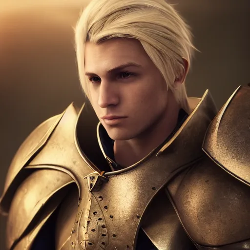 Prompt: portrait of a handsome blonde male human paladin, ultra detailed, cinematic shot, photorealistic, octane render, high definition, drawn by aenaluck, fine details, 8 k, resembles ardbert from final fantasy 1 4