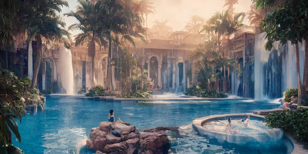 Image similar to beautiful pool waterfalls surrounded by palm trees, moroccan tile archways, industrial buildings, ivory towers, sun setting, ross tran, fantasy, james jean, peter morbacher, angelarium, alchemy, luxury, heavenly light, soft illumination, trending on artstation, cinematic lighting, digital painting, octane render, artgerm