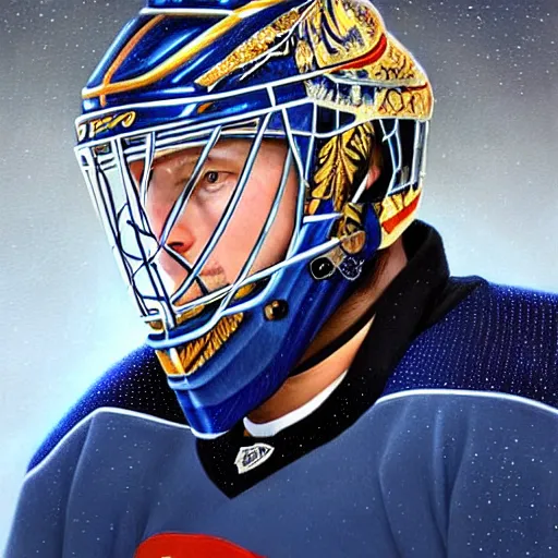 Image similar to beautiful portrait of hockey player Malarchuk, fantasy, intricate, elegant, highly detailed, digital painting, artstation, concept art, smooth, sharp focus, luxury fashion illustration, art by artgerm and greg rutkowski and alphonse mucha, brightly lit cinematic soft lighting, photorealistic