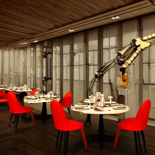 Image similar to three large kuka industrial robot arms on the floor around a dinner table, they are having dinner inside a fine dining restaurant with mid century modern furniture and decor, global illumination, artstation, fantasy